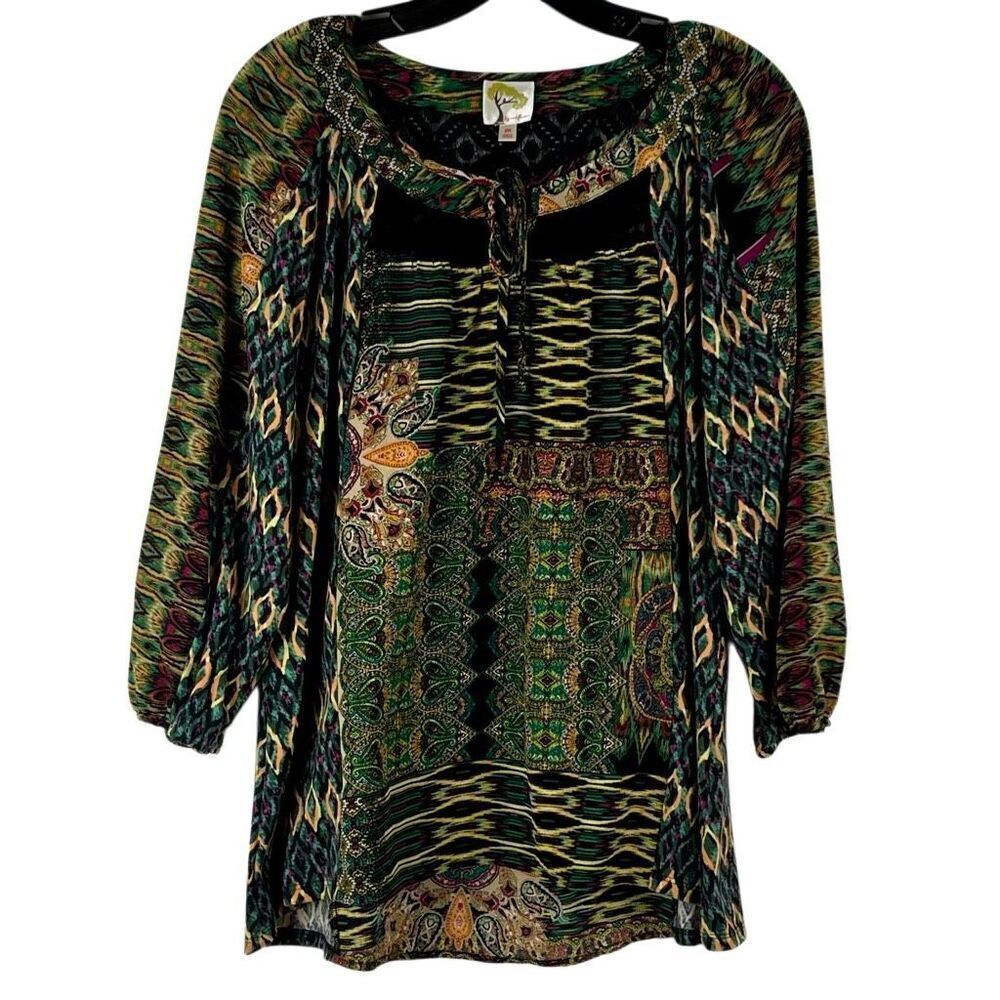 Fig & Flower Green Paisley Art Tie Neck Boho Peasant Blouse Medium